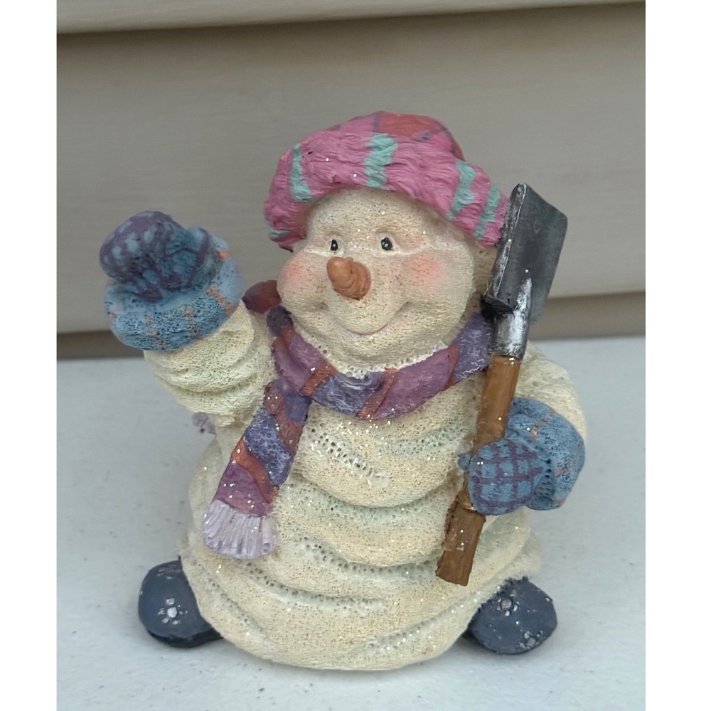 Vintage Style Resin Snowman Figurine with Shovel Pink Blue Plaid Hat Scarf 4in